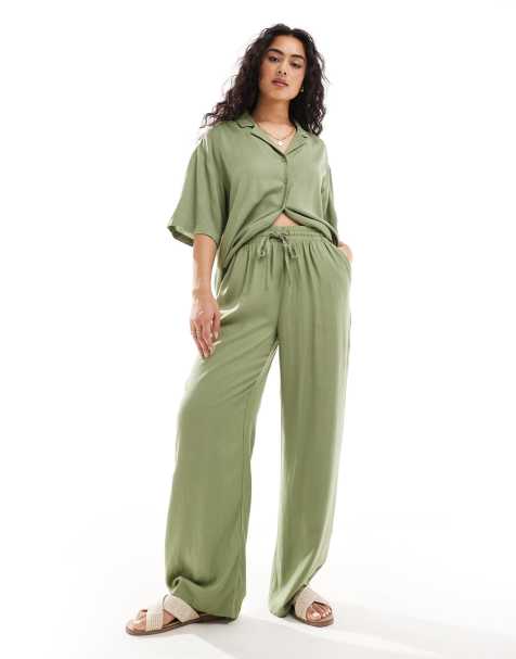 Pantalones verdes de pernera ancha y lazada en la cintura de tejido efecto lino de Vila (parte de un conjunto) - view 1