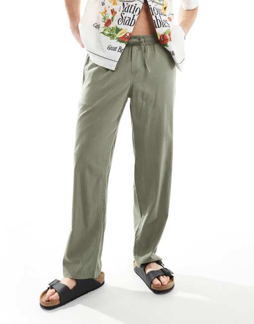 Pantalones verdes sueltos con cordón ajustable en la cintura de lino de Jack & Jones