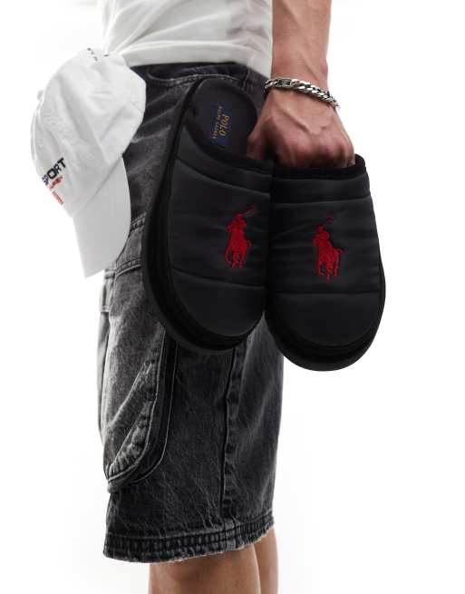 Pantuflas negras acolchadas con logo de Polo Ralph Lauren, 4 de 4