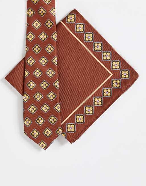Pañuelo de bolsillo y corbata estrecha con estampado retro de ASOS DESIGN