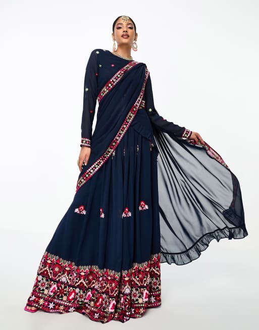 Pañuelo dupatta azul marino estilo lehenga con estampado estilo brocado de Nesavaali