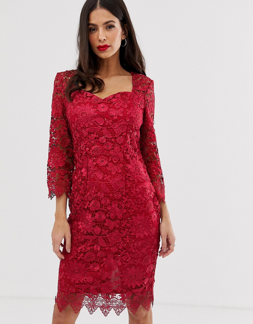 Paper Dolls all over lace 3/4 sleeve midi dress-Red