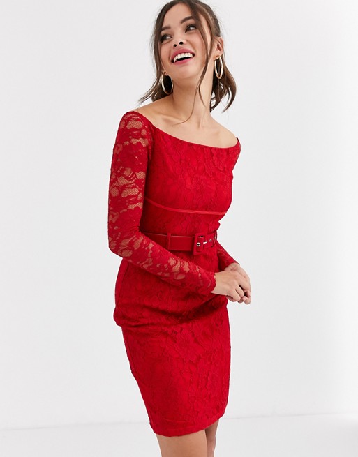 Paper Dolls bardot belted lace dress in red