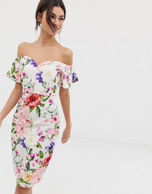 Paper Dolls Bardot Ruffle Sleeve Floral Printed Pencil Dress | ASOS