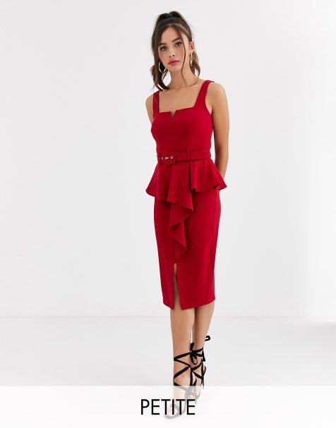 Paper Dolls belted peplum midi dress with slit in red