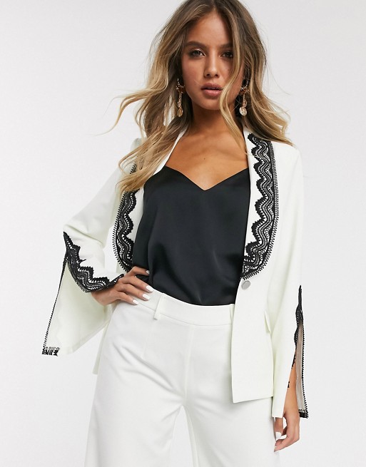 Paper Dolls blazer with lace and split detail co-ord in ivory