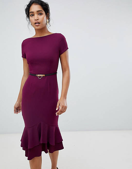 Paper dolls cap sleeve pencil dress with ruffle hem and belt in berry