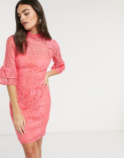 Paper Dolls lace dress with fluted sleeves in pink