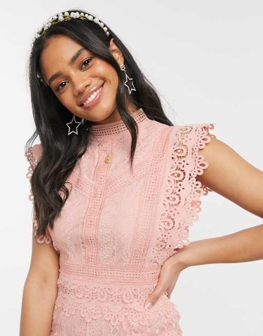 Pink lace high neck fishtail midi dress sale