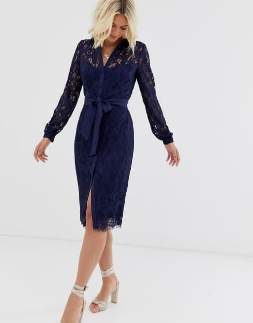 Paper Dolls lace shirt dress with tie waist in navy ASOS