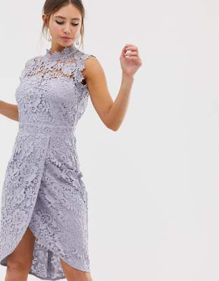 paper dolls lace wrap midi pencil dress in oyster grey