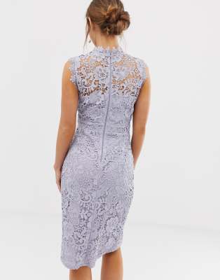 paper dolls lace wrap midi pencil dress in oyster grey