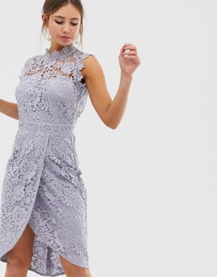 Paper Dolls lace wrap midi pencil dress in oyster grey | ASOS