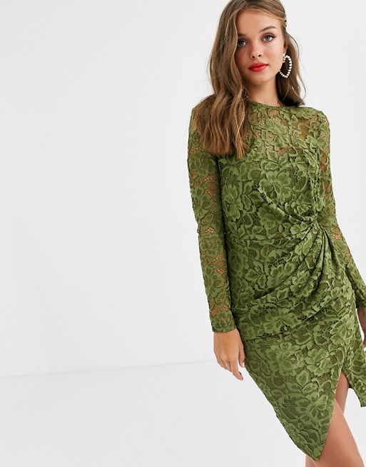 Paper Dolls long sleeve lace mini wrap dress in olive
