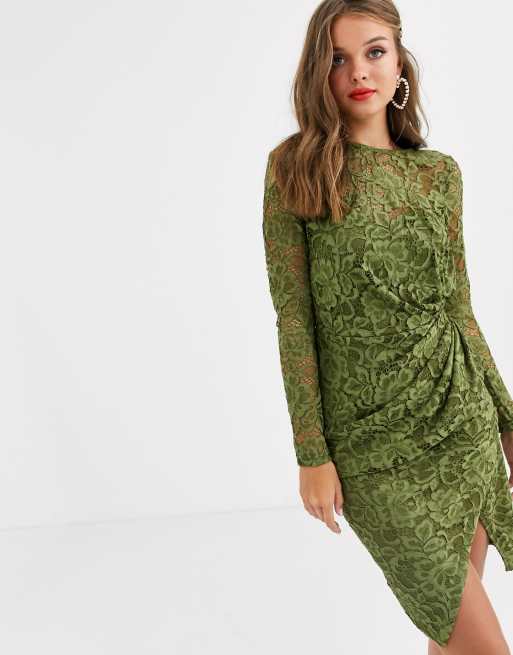 High Neck lace long Sleeve Midi Dress in Green