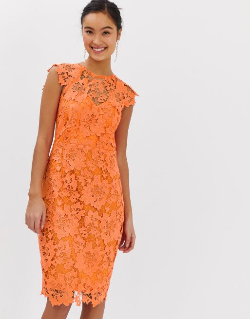 Orange lace discount midi dress