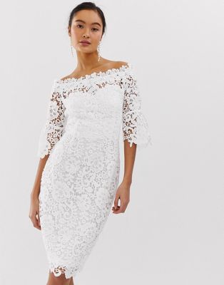 Paper Dolls off shoulder crochet dress with frill sleeve in white | ASOS