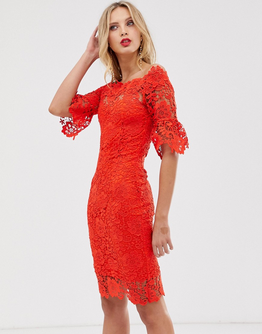 Paper Dolls Off Shoulder Crochet Dress With Frill Sleeve-red | ModeSens