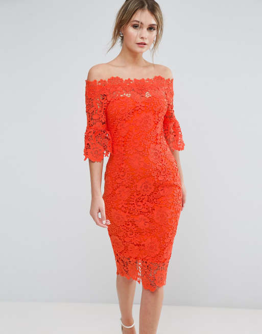 Paper Dolls off shoulder crochet midi dress with frill sleeve