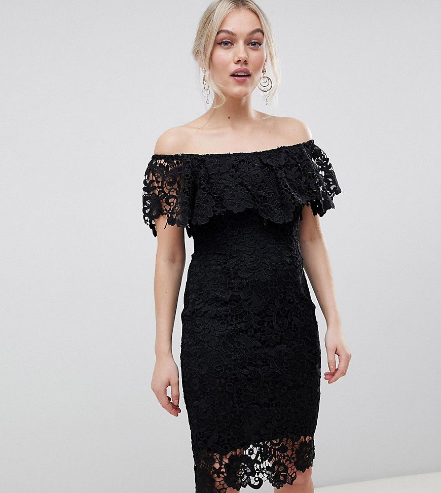 Paper Dolls Petite bardot lace pencil dress with frill detail in black