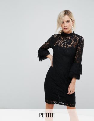 Paper Dolls Petite High Neck Midi Lace Dress with Double Frill Sleeve