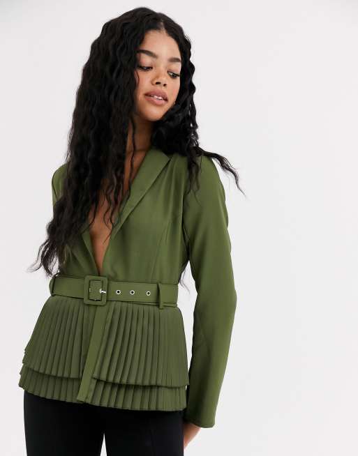 Paper Dolls plunge pleated blazer in khaki