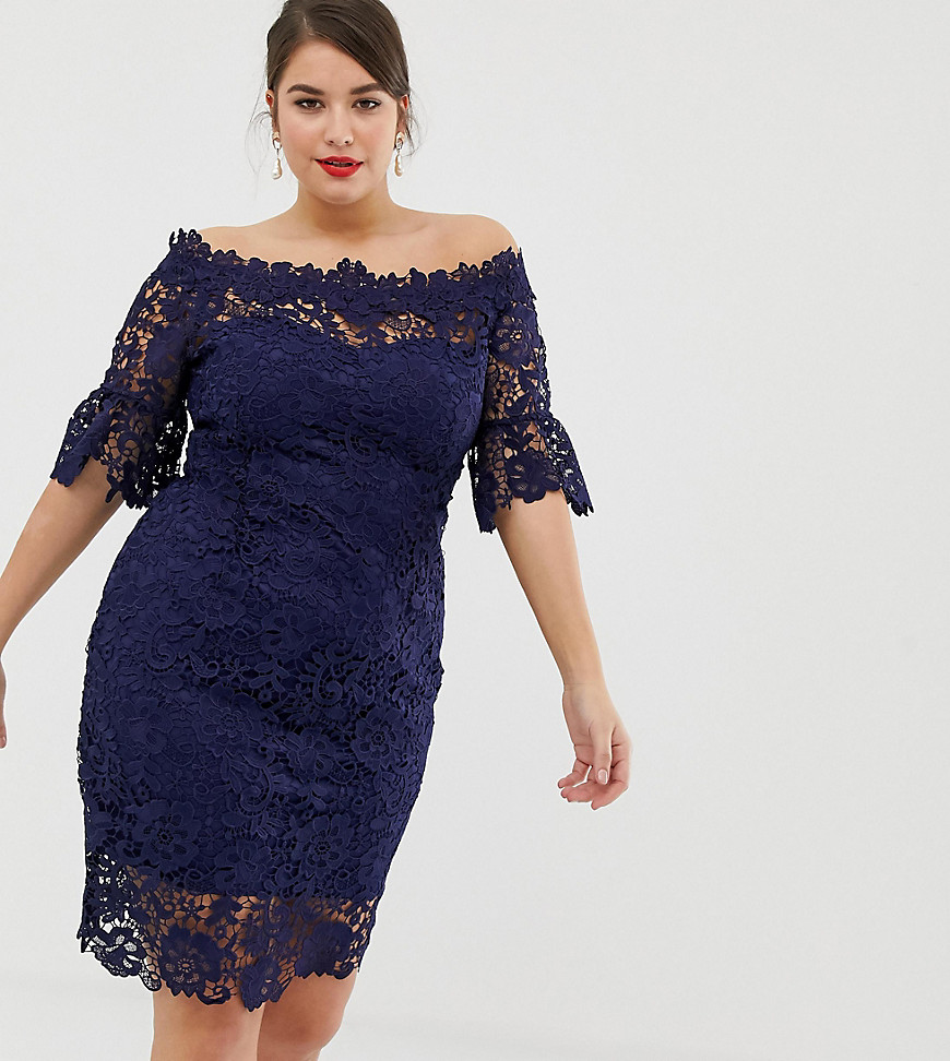 Paper Dolls Plus all over lace bardot dress in navy