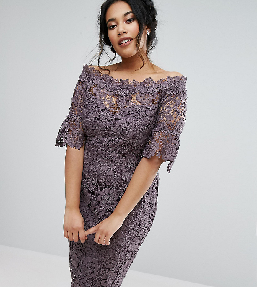 Paper Dolls Plus bardot crochet dress with fluted sleeve in charcoal-Grey