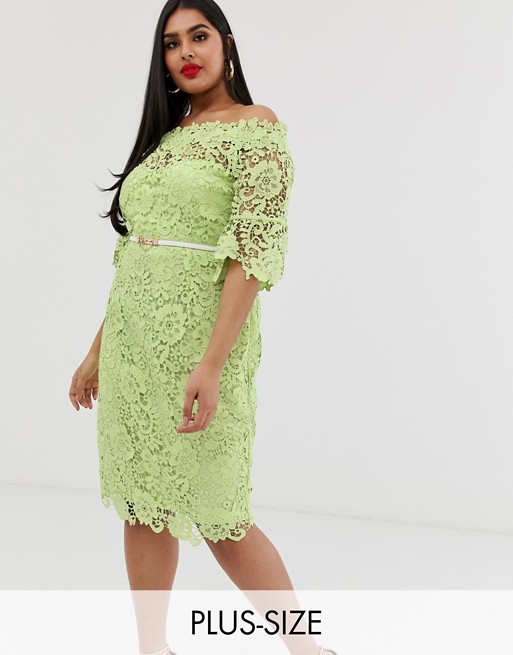 Paper Dolls Plus bardot crochet dress with fluted sleeve in lime