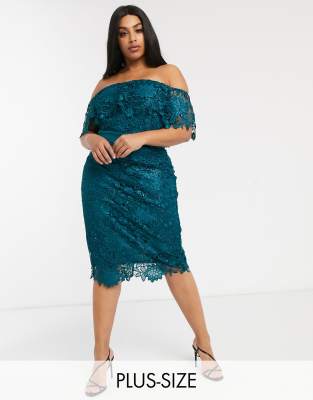 Paper Dolls Plus bardot lace midi dress in vivid teal-Blue