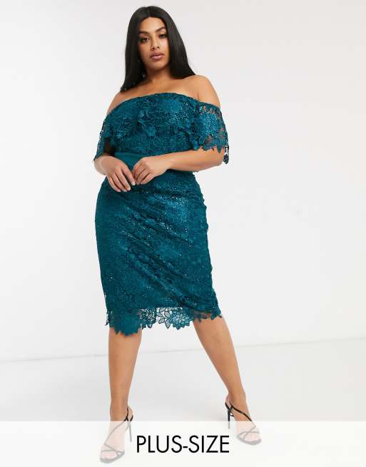 Paper Dolls Plus bardot lace midi dress in vivid teal