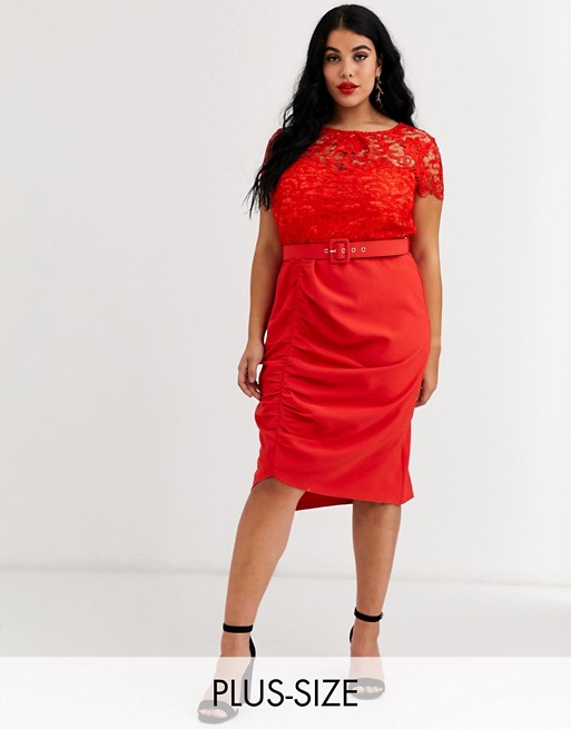 Paper Dolls Plus belted lace midi dress in red