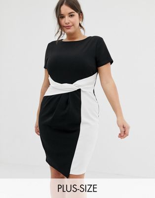 Paper Dolls plus bodycon midi dress in colour block with twisted waist detail in mono-Multi