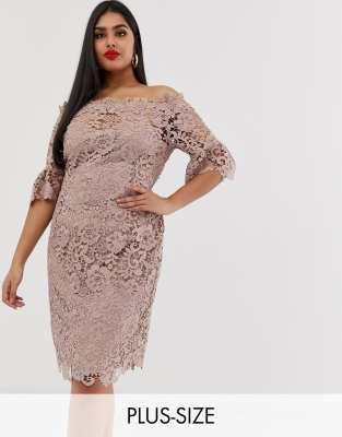 Paper Dolls Plus Koronkowa sukienka z dekoltem typu bardot i rozszerzanymi r?kawami w kolorze taupe-Szary Taupe