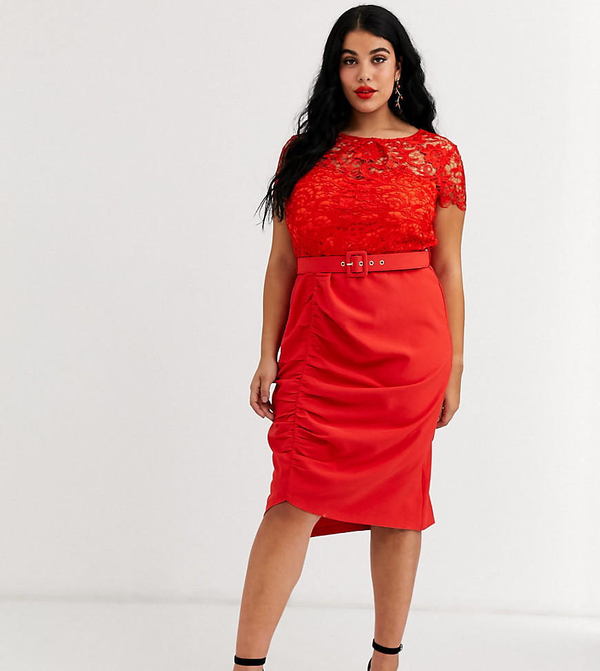Paper Dolls - Plus - Kanten midi-jurk met riem in rood