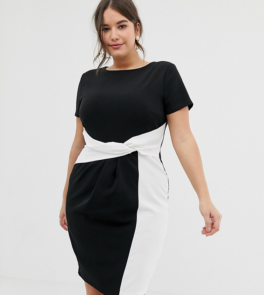 Paper Dolls Plus – Midiklänning i bodycon-passform med svarta och vita färgblock och snurrad knut framtill-Flerfärgad