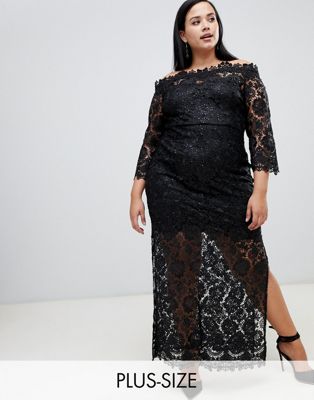 Paper Dolls Plus sequin lace bardot maxi dress with side splits in black