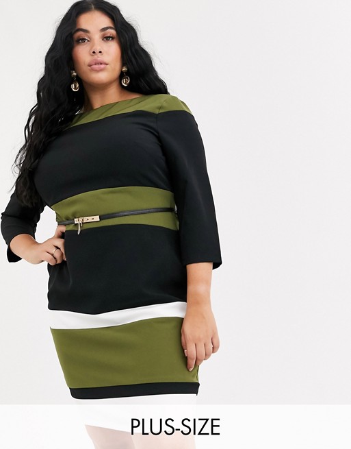 Paper Dolls Plus stripe belted midi dress in olive and black