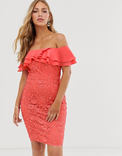 Paper Dolls ruffle bardot lace pencil dress in soft coral