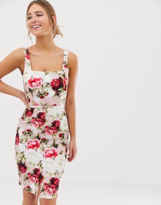 paper dolls square neck midi pencil dress in floral print