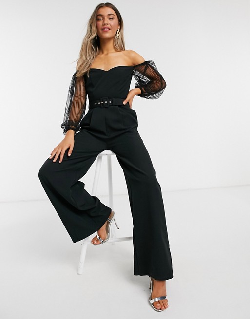 Paper Dolls tailored bardot jumpsuit with exaggerated sleeve in black