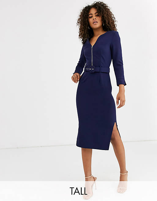 Paper Dolls Tall belted midi dress with side splits in navy | ASOS