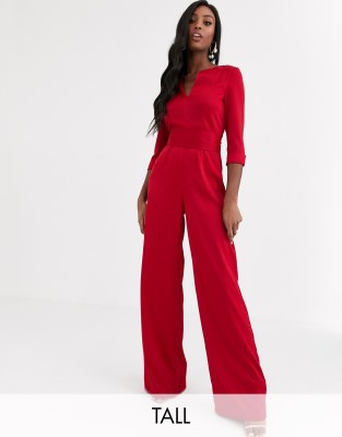 Paper Dolls Tall satin plunge jumpsuit in ruby red