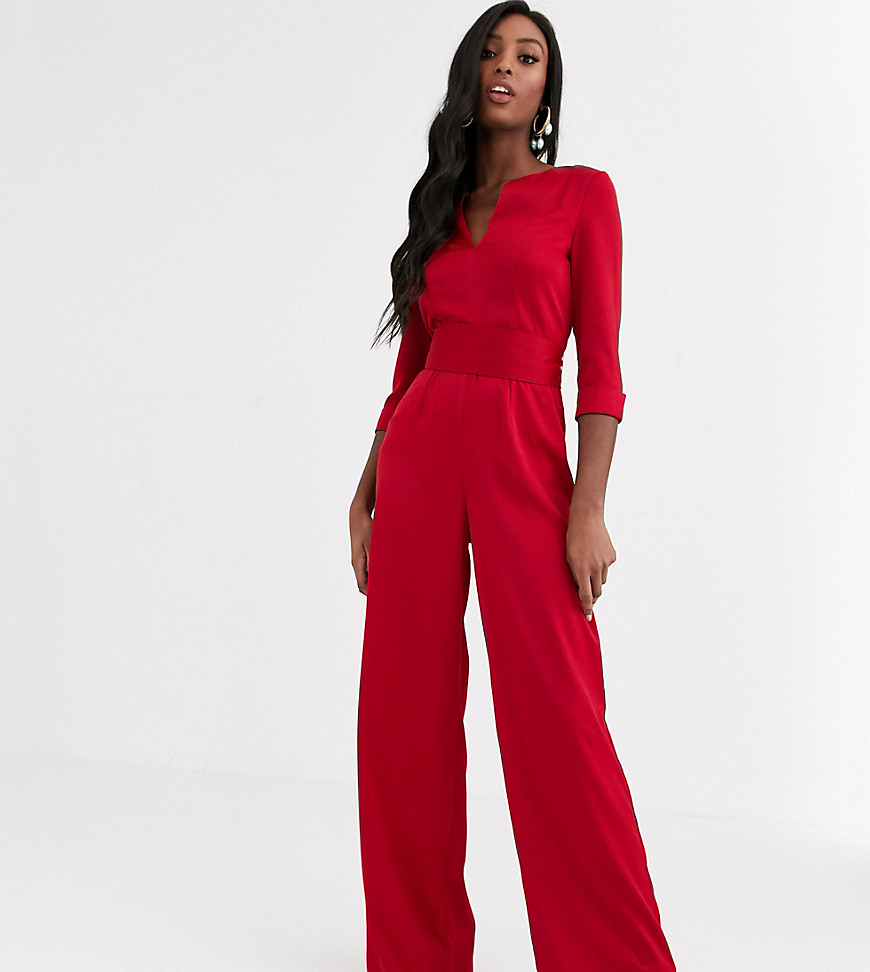Paper Dolls Tall satin plunge jumpsuit in ruby red