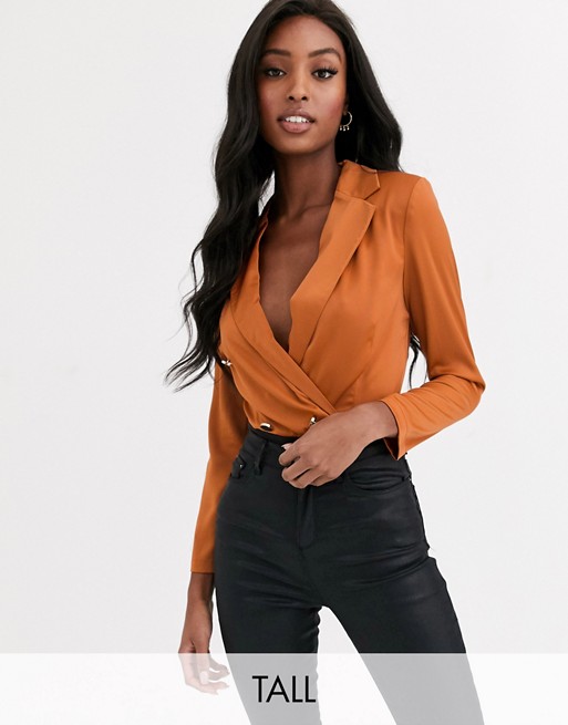 Paper Dolls Tall tailored blouse bodysuit with gold button detail in terracotta