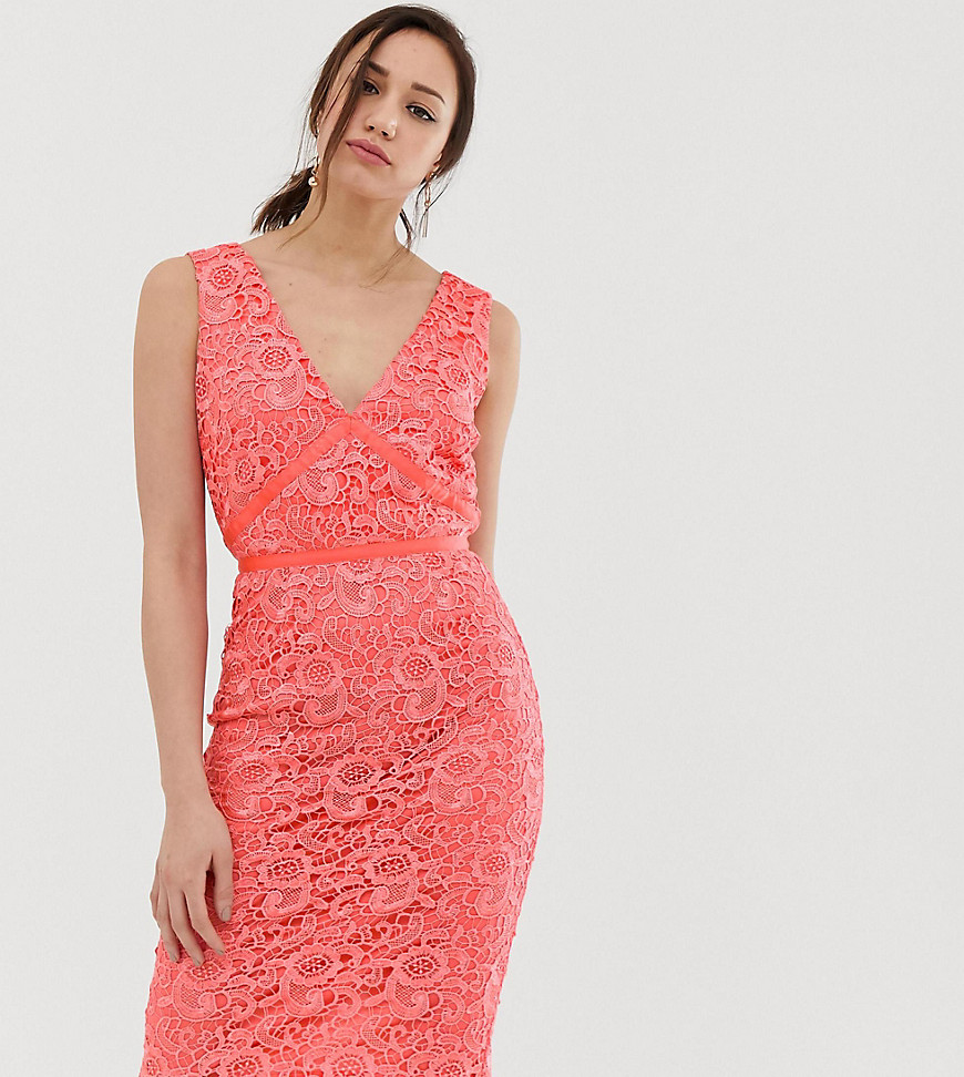 Paper Dolls Tall v neck lace pencil dress in coral-Orange