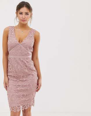 Paper Dolls v neck lace pencil dress in dusky pink