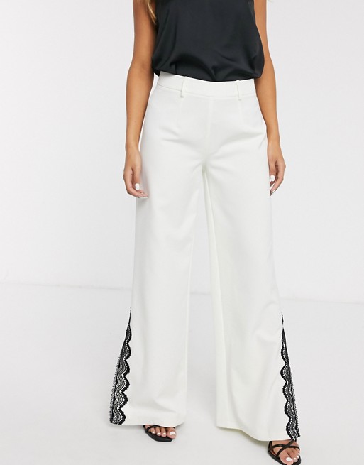 Paper Dolls wide leg trouser with lace split detail co-ord in ivory