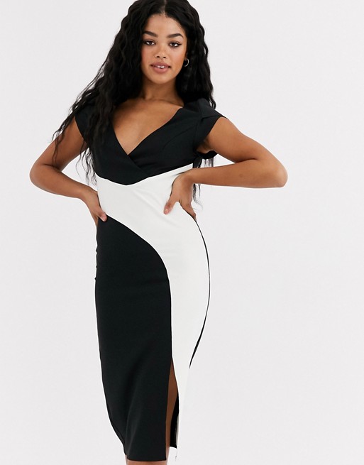 Paper Dolls wrap midi dress with split in black and white