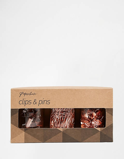 Paperchase – Get Organised – Set mit 3 Dosen mit Büroklammern, Cliips & Heftzwecken in Kupfer
